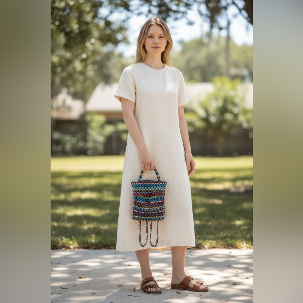 Womens Small Multicolor Beaded Tote Handbag Top Handle Button Closure Boho